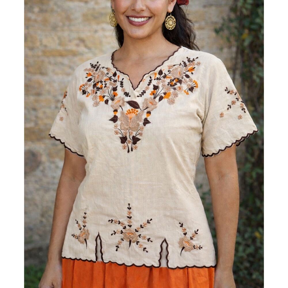 Vintage Mexican Embroidered Frida Kahlo Style Tehuana Folk Huipil Peasant Blouse